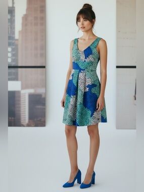 Plenty by Tracy Reese Blue, Green & Cream Floral Fit-and-Flare Dress